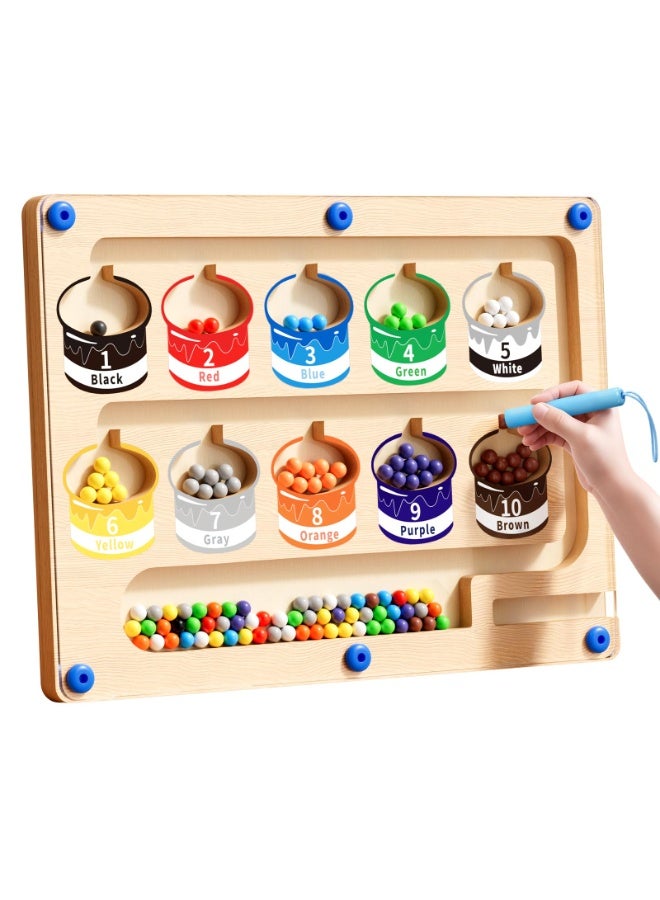 عام متاهة مغناطيسية للألوان والأرقام - ألعاب مونتيسوري للأعمار 3-4-5 سنوات، لوح ألغاز خشبي تعليمي للتعلم قبل المدرسي، لعبة لتنمية المهارات الحركية الدقيقة للأطفال الصغار، ألعاب مطابقة العد للأولاد والبن - Image 1