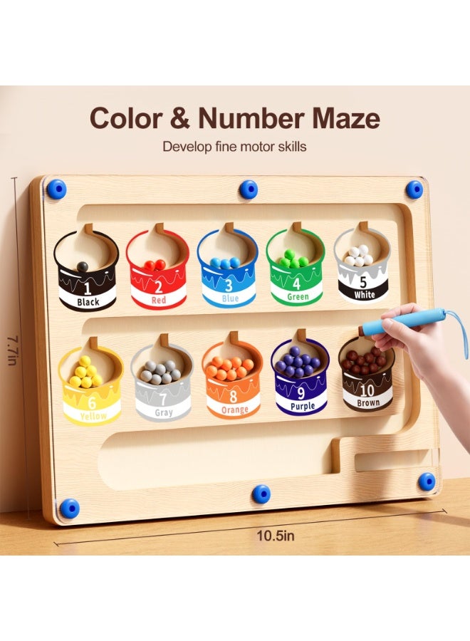 عام متاهة مغناطيسية للألوان والأرقام - ألعاب مونتيسوري للأعمار 3-4-5 سنوات، لوح ألغاز خشبي تعليمي للتعلم قبل المدرسي، لعبة لتنمية المهارات الحركية الدقيقة للأطفال الصغار، ألعاب مطابقة العد للأولاد والبن - Image 2