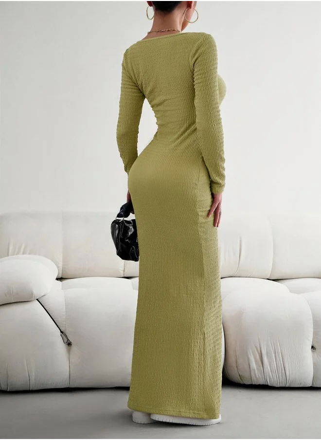 تايك تو Square Neck Textured Knit Bodycon Maxi Dress by Styli