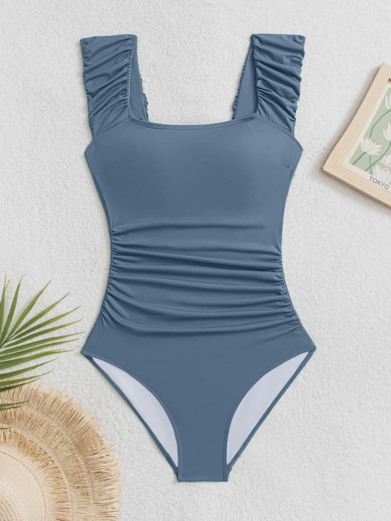 Eomenie One Piece Swimsuit for Women Puffy Sleeves Tummy Control Bathing Suit Tie Back Swimwear Grey Blue - Image 5