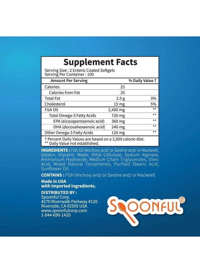 Spoonful زيت السمك أوميغا 3 المغلف معوي 2400 ملغ، 200 كبسولة، بدون تجشؤ، كبسولات هلامية سريعة الإطلاق، صنع في الولايات المتحدة، معتمد من NSF - Image 5