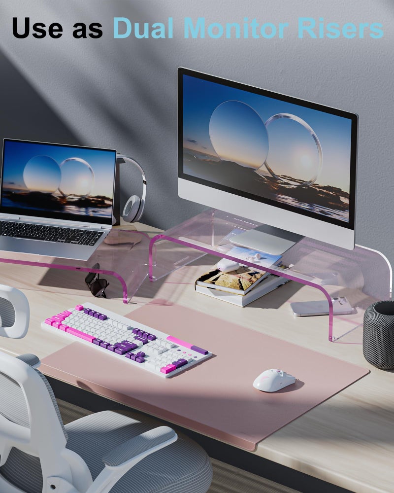 ERGO COLLECT Acrylic Dual Monitor Stand Riser 2 Tier, Modular Laptop Stand for Desk, Multifunctional Desktop Organizer Shelf for PC, iMac, Printer, Detachable Monitor Stand for Office or Home, Pink - Image 2