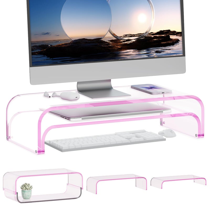 ERGO COLLECT Acrylic Dual Monitor Stand Riser 2 Tier, Modular Laptop Stand for Desk, Multifunctional Desktop Organizer Shelf for PC, iMac, Printer, Detachable Monitor Stand for Office or Home, Pink - Image 1