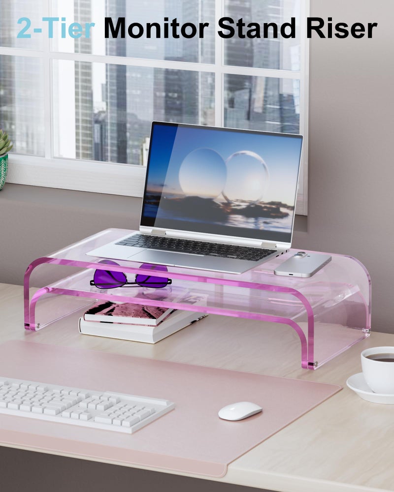 ERGO COLLECT Acrylic Dual Monitor Stand Riser 2 Tier, Modular Laptop Stand for Desk, Multifunctional Desktop Organizer Shelf for PC, iMac, Printer, Detachable Monitor Stand for Office or Home, Pink - Image 3