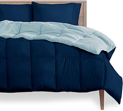 Homespun Soft Microfibre Comforter Blanket Lightweight Reversible Quilt Duvet All Weather, Double Bed, Light Blue and Navy Blue Color - Image 1