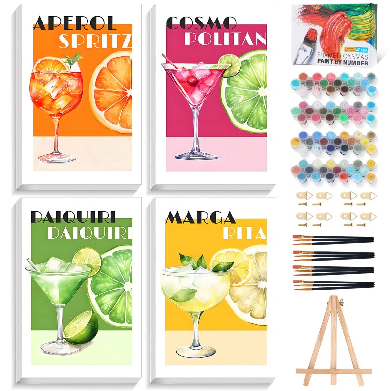 Okarina 4 Pack Paint by Numbers Kit for Adults with Frame Cocktail, Framed Paint by Number for Adults Beginner with Wooden Easel, Cocktail DIY Painting by Numbers Canvas Framed for Home Decor 8 x 12 Inch - Image 1
