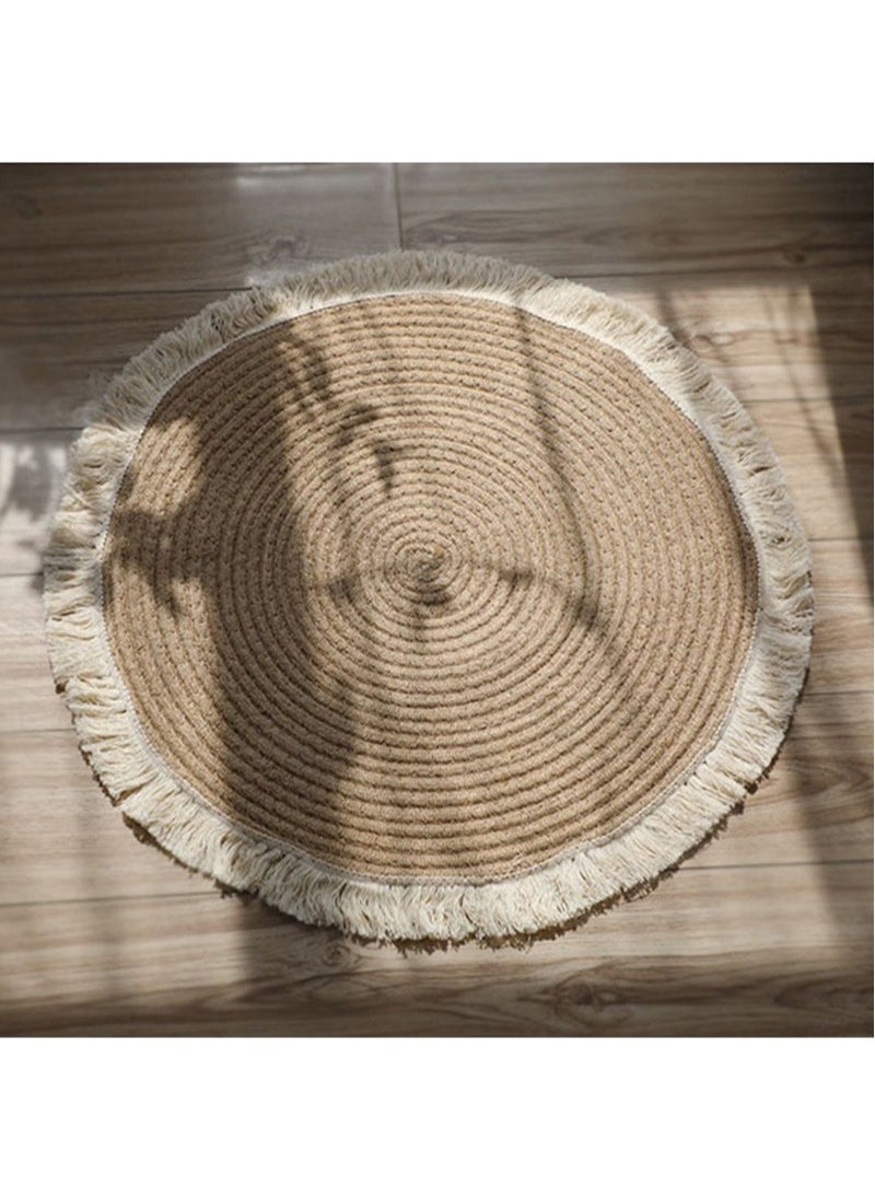 Generic Nordic cotton and linen woven tassel floor mat rope woven floor-to-ceiling window carpet hand-braided rugs for living room decoration (size 75 cm - round)  - Image 1