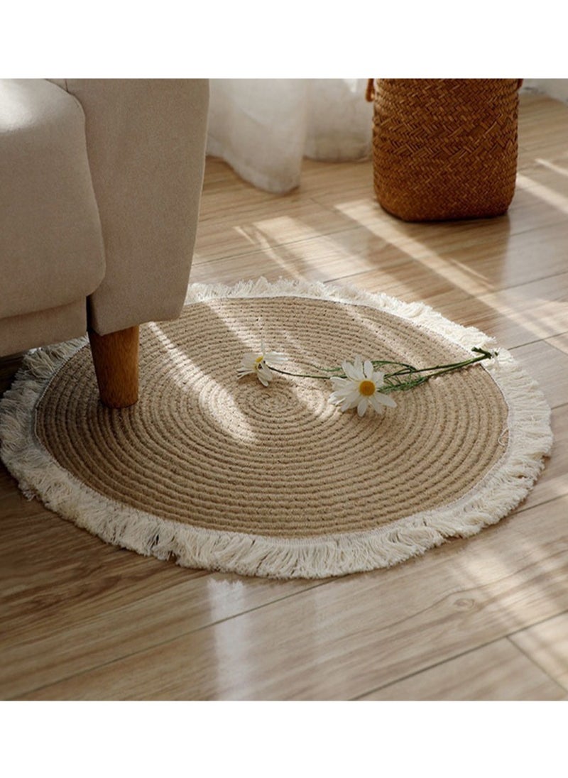 Generic Nordic cotton and linen woven tassel floor mat rope woven floor-to-ceiling window carpet hand-braided rugs for living room decoration (size 75 cm - round)  - Image 3