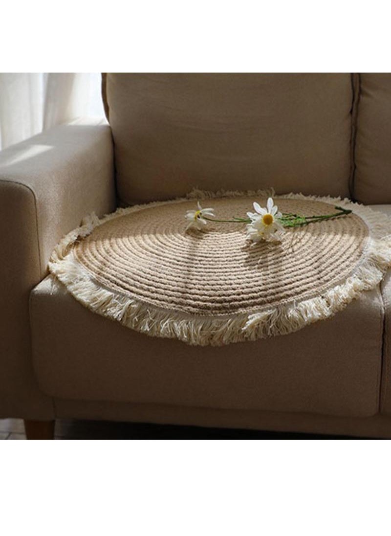 Generic Nordic cotton and linen woven tassel floor mat rope woven floor-to-ceiling window carpet hand-braided rugs for living room decoration (size 75 cm - round)  - Image 4