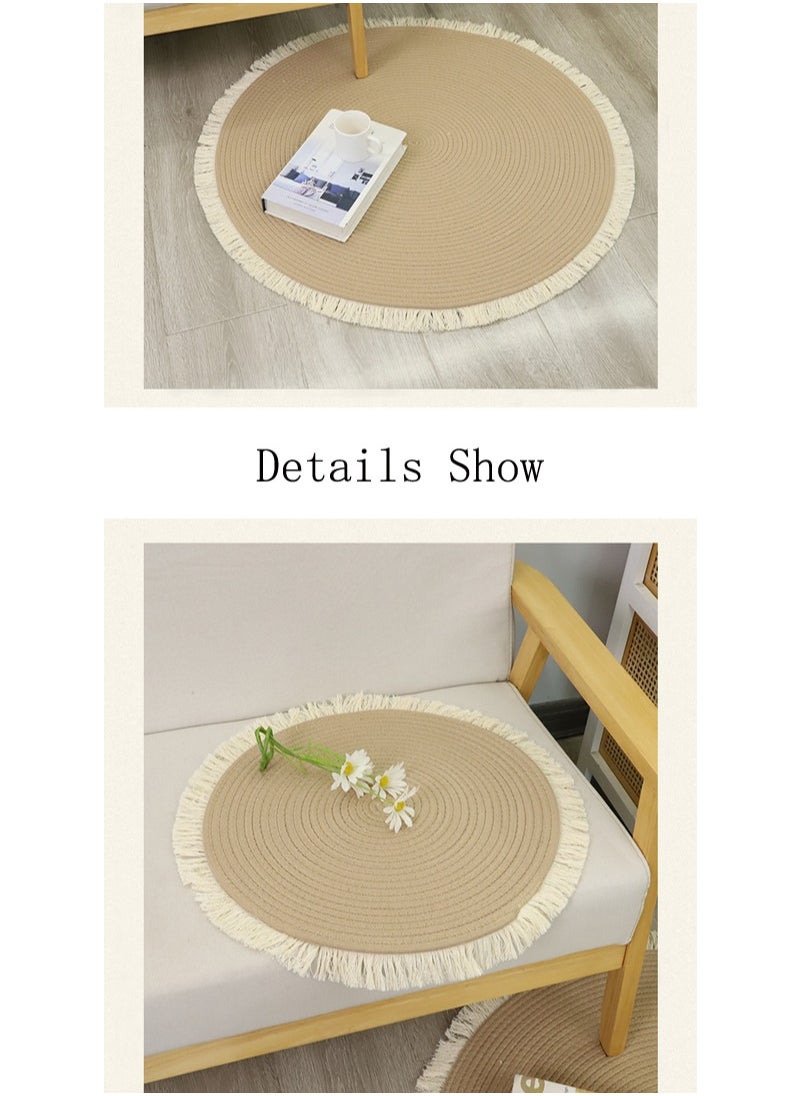 Generic Nordic cotton and linen woven tassel floor mat rope woven floor-to-ceiling window carpet hand-braided rugs for living room decoration (size 75 cm - round)  - Image 5
