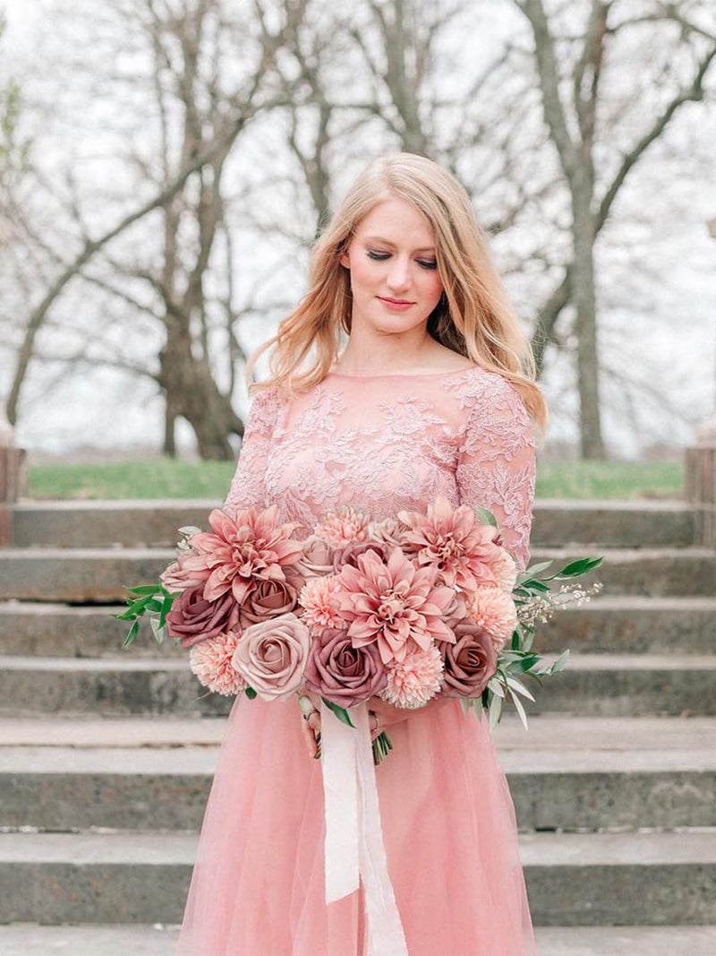 FACINOC Dusty Roses Artificial Flowers Pink Fake Flower Bulk for DIY Wedding Bouquet Bridal Baby Shower Centerpiece Table Decorations Silk Faux Floral Arrangements for Party Home Decor Indoor - Image 2