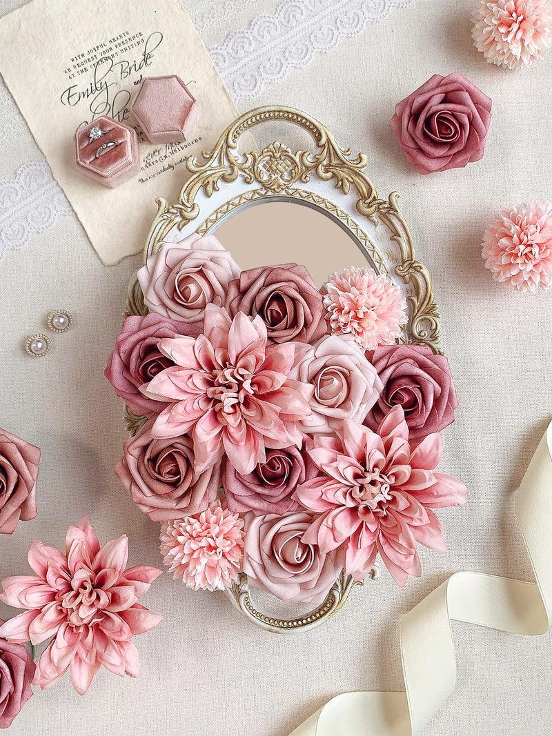 FACINOC Dusty Roses Artificial Flowers Pink Fake Flower Bulk for DIY Wedding Bouquet Bridal Baby Shower Centerpiece Table Decorations Silk Faux Floral Arrangements for Party Home Decor Indoor - Image 3