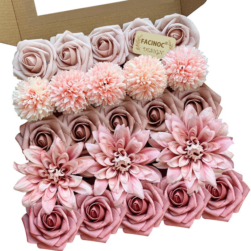 FACINOC Dusty Roses Artificial Flowers Pink Fake Flower Bulk for DIY Wedding Bouquet Bridal Baby Shower Centerpiece Table Decorations Silk Faux Floral Arrangements for Party Home Decor Indoor - Image 1