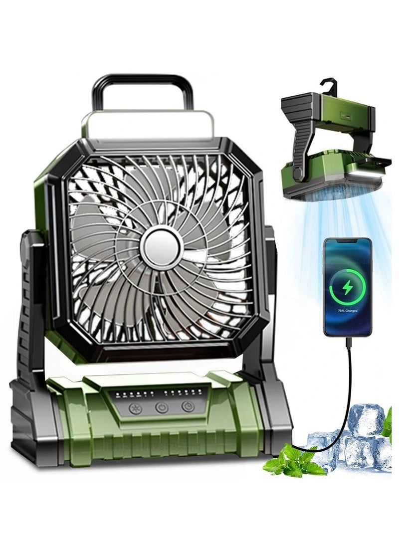 WALALLA 2 in 1 Rechargeable Camping Fan, Portable Tent Fan, Outdoor Standing Fan, Powered Hiking Hanging Light Fans with LED Light Lantern, 4 Adjustable Speed, 270° Oscillating for Home, Office, Hiking - Image 1