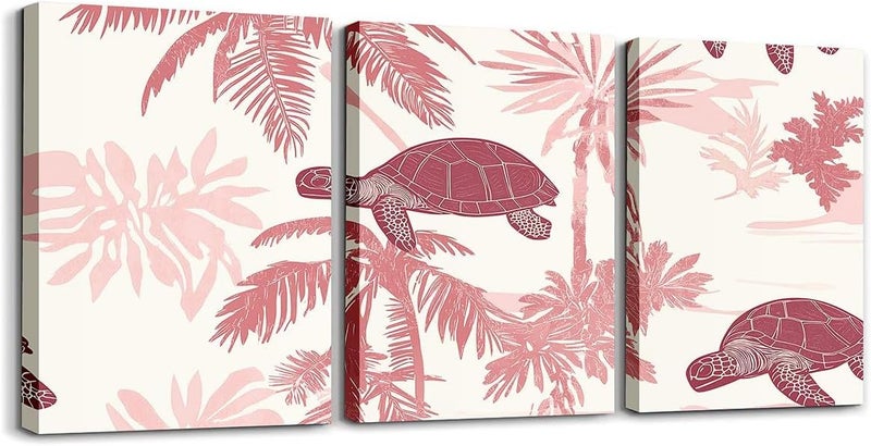 Erosebridal Palm Canvas Wall Art 12 X 16 Inches Sea Turtle Wall Decor for Kids Boys Girls Palm Trees Silhouette Monstera Artwork Posters Cartoon Turtle Beach Pink Painting - Image 1