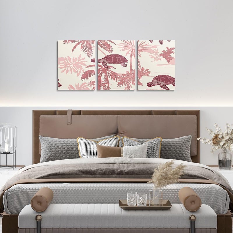 Erosebridal Palm Canvas Wall Art 12 X 16 Inches Sea Turtle Wall Decor for Kids Boys Girls Palm Trees Silhouette Monstera Artwork Posters Cartoon Turtle Beach Pink Painting - Image 4