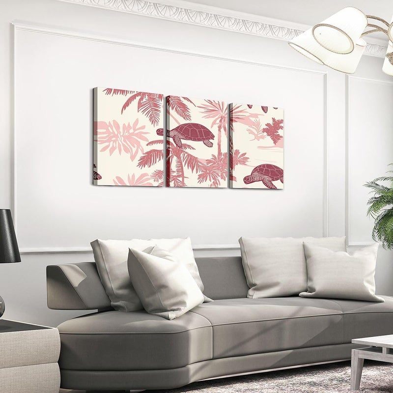 Erosebridal Palm Canvas Wall Art 12 X 16 Inches Sea Turtle Wall Decor for Kids Boys Girls Palm Trees Silhouette Monstera Artwork Posters Cartoon Turtle Beach Pink Painting - Image 3