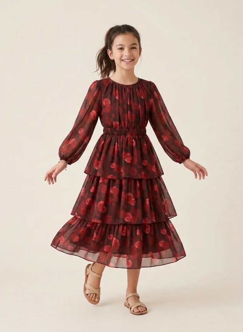 Luxe & Hardy Girls Floral Printed Puff Sleeve Layered Fit & Flare Maxi Dress
