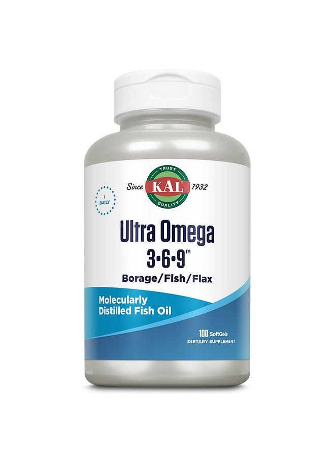 KAL Ultra Omega 3-6-9 1200mg | Fish Oil w/Cold Pressed Flaxseed & Borage Oil | Skin, Hair, Heart, Memory | 100 Softgels