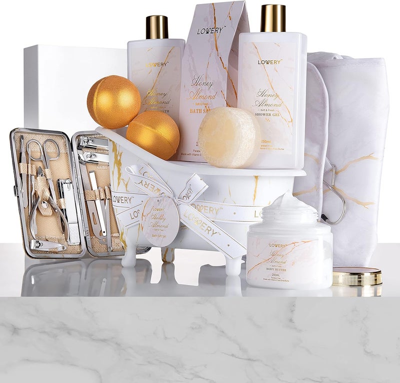 LOVERY Gifts for Mom Gift Basket Spa Gifts For Women 31Pc Self Care Kit Stress Relief Gift Birthday Thank You Honey Almond Bath and Body Gift  Toiletry Bag Nail Kit Bath Bombs  More