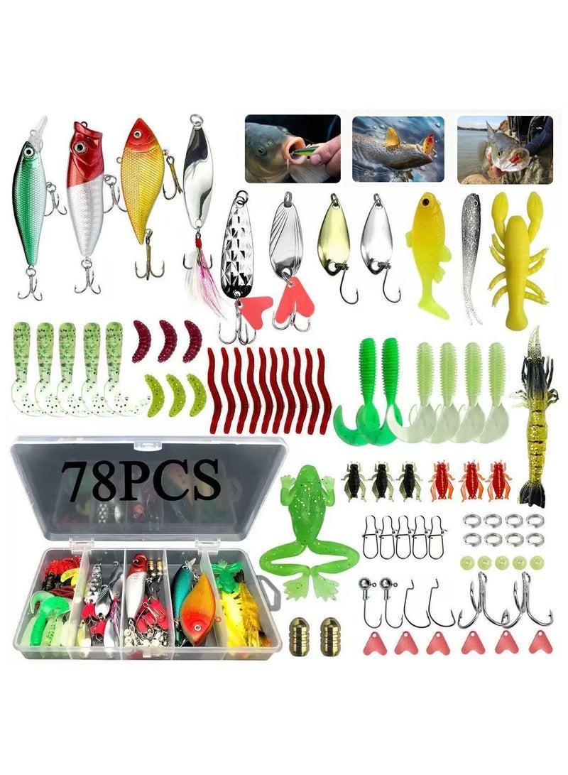 Generic 78 Pcs Fishing Lures Kit,Tackle Box Kit with Tackle Included Fishing Accessories and Fishing Equipment Frog Worms Grasshopper Lures,etc  - Image 1