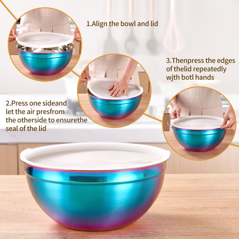 Onlycooker Rainbow Mixing Bowls With Airtight Lids,Stainless Steel Bowl,Salad Bowls 7 Piece Colorful Nesting Bowl Rainbow Kitchen Accessories,Size 7,3.6,2.7,2.1,1.5,1.1,0.8QT Stackable Design - Image 3