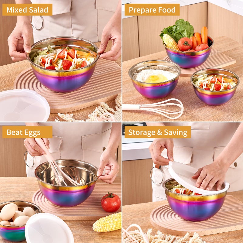 Onlycooker Rainbow Mixing Bowls With Airtight Lids,Stainless Steel Bowl,Salad Bowls 7 Piece Colorful Nesting Bowl Rainbow Kitchen Accessories,Size 7,3.6,2.7,2.1,1.5,1.1,0.8QT Stackable Design - Image 5