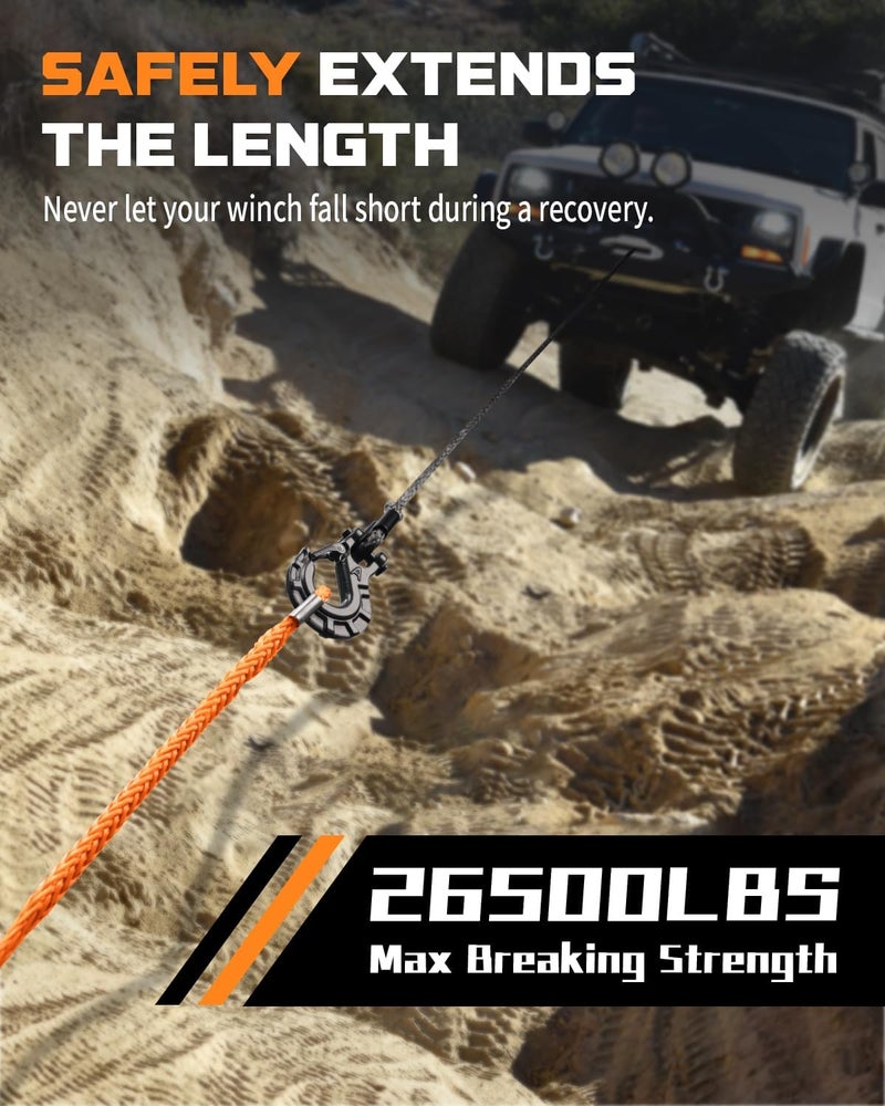 DAYDOOR إطالة حبل الرافعة لباب اليوم ( Winch Rope Extension)، قطر 3/8 بوصة x طول 50 قدم، من النايلون الصناعي، قادرة على تحمل وزن يصل إلى 26,500 رطل، مخصصة للمركبات غير الرسمية مثل الـ ATV وUTV وSUV وJeep (لون برتقالي). - Image 2