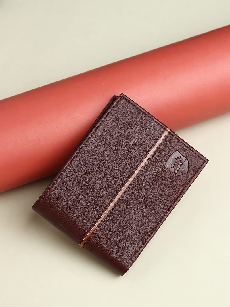 SAMTROH Brown Line Embellished Pu Leather Wallet for Men I 3 Card Slots I 2 Currency & Secret Compartments I 1 Coin Pocket. - Image 2