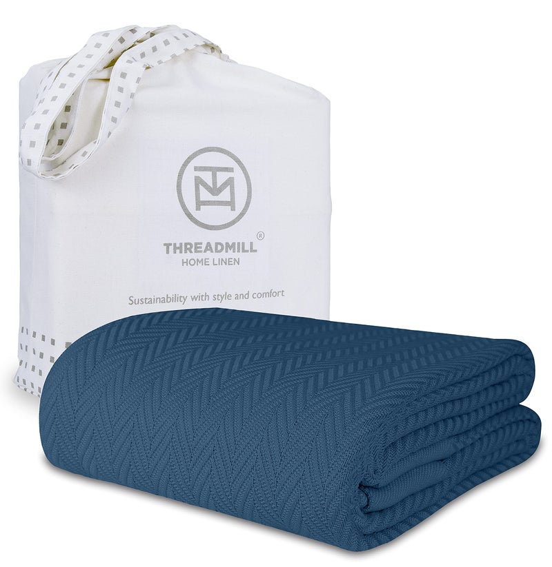 Threadmill Luxury Cotton Blankets for Queen Size Bed  AllSeason 100 Cotton Queen Size Blanket  Herringbone Soft Breathable Fall Thermal Blanket fits Full Size Bed  Folkstone Blue