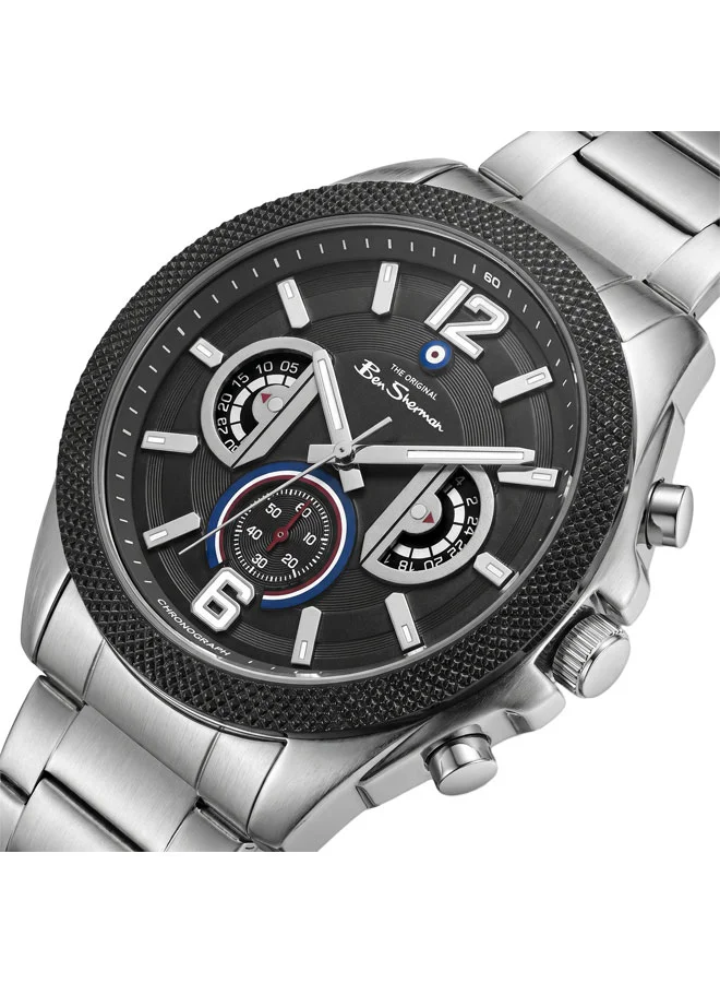 بين شيرمان Sheffield Black Dial Stainless Steel Bracelet Chronograph Watch for Men, 44mm