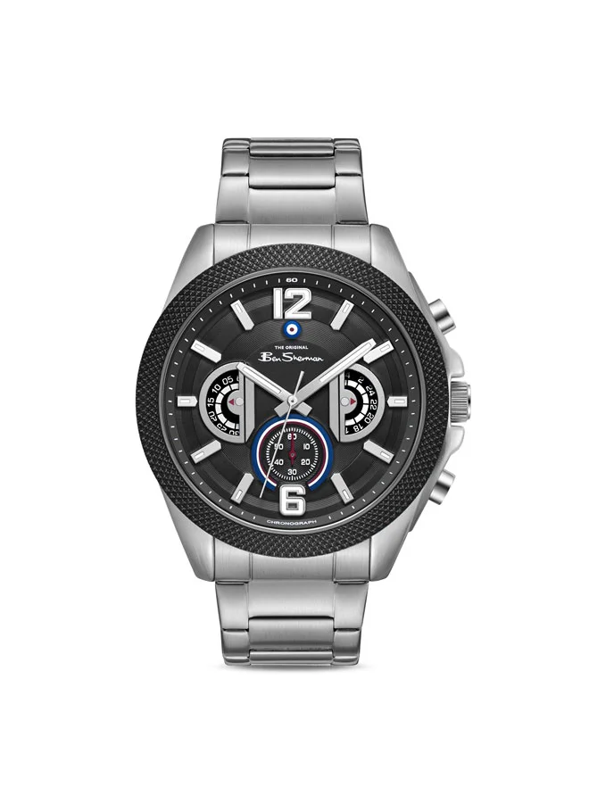 بين شيرمان Sheffield Black Dial Stainless Steel Bracelet Chronograph Watch for Men, 44mm