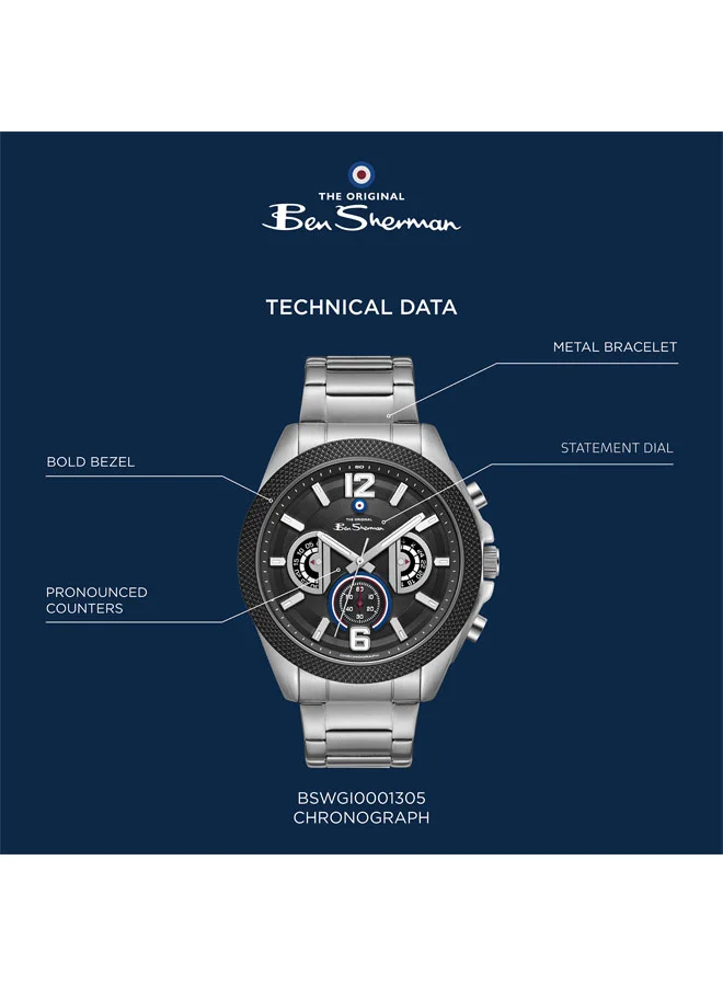 Ben Sherman silver Sheffield Black Dial Stainless Steel Bracelet Chronograph Watch for Men, 44mm for Men | Best Price UAE