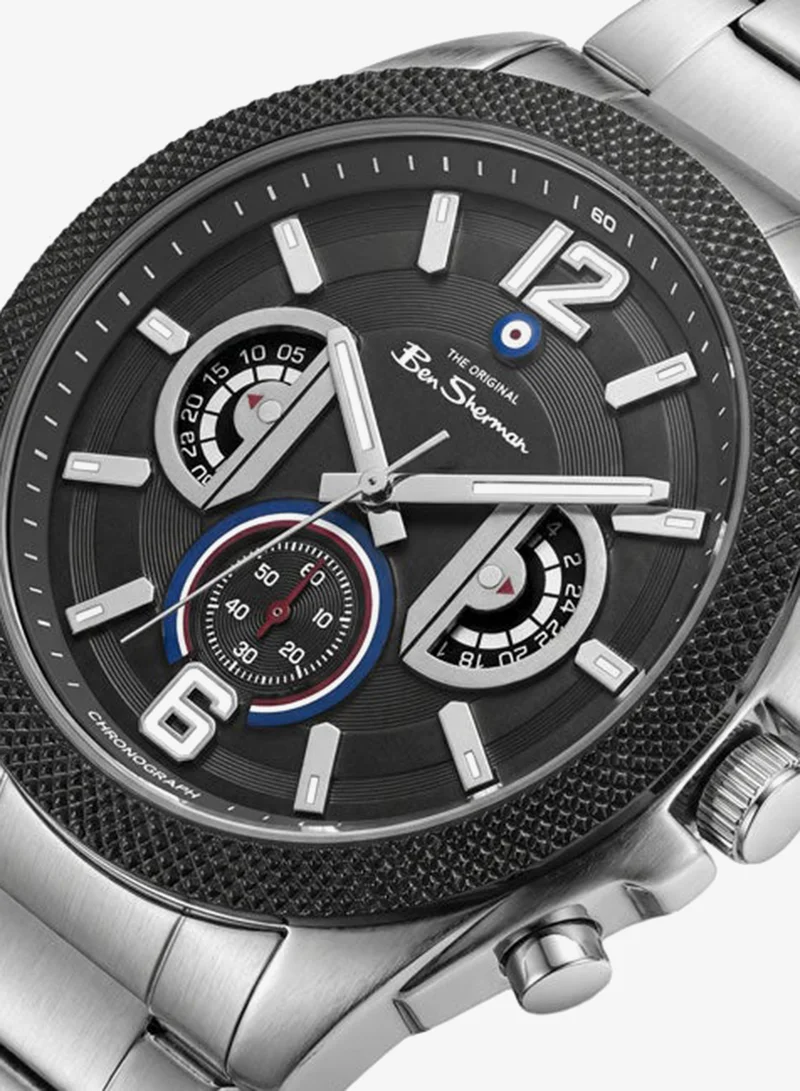 Ben Sherman Sheffield Black Dial Stainless Steel Bracelet Chronograph Watch for Men, 44mm