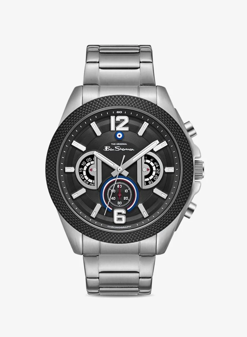 Ben Sherman Sheffield Black Dial Stainless Steel Bracelet Chronograph Watch for Men, 44mm