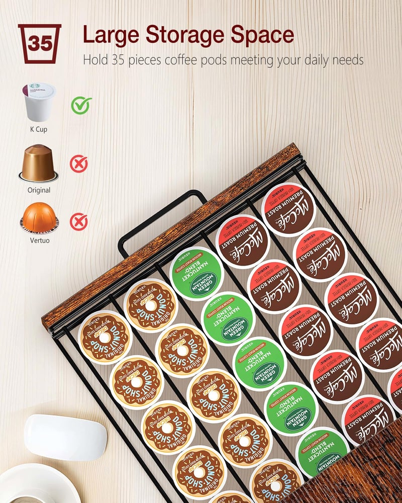 Evermagin K Cup Holder, 35 Pod Capacity, Coffee Pod Holder Compatible with Keurig, Coffee Station Organizer for Countertop with Cup Rack, Rustic Brown - Image 2