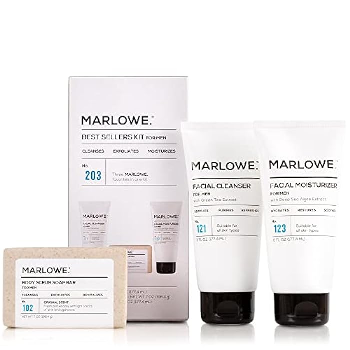 MARLOWE. Best Sellers Kit No. 203, Features Signature No. 102 Original Body Scrub Soap Bar, No. 121 Facial Cleanser & No. 123 Facial Moisturizer, Great Gift for Men - Image 1