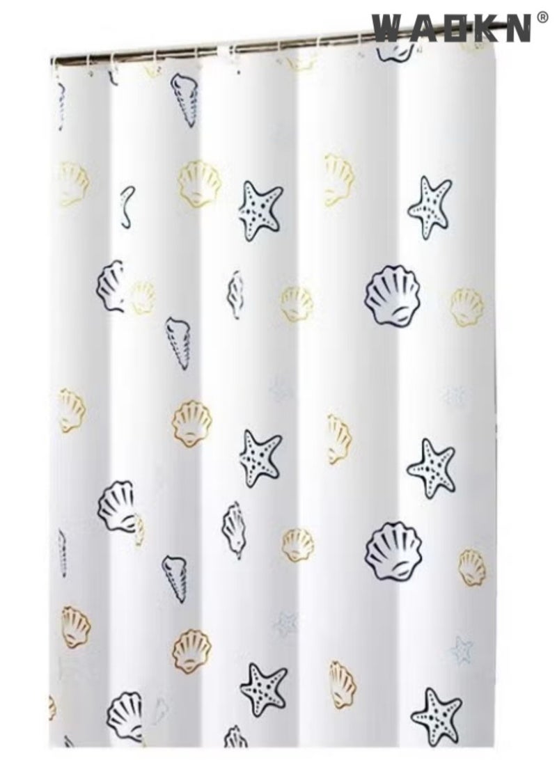 دبليو أيه أو كي أن ستارة دش بتصميم عصري على شاطئ البحر، ستارة حمام شفافة بحلقات معدنية مع خطافات، ستارة دش بتصميم صدفة نجم البحر على شاطئ المحيط، مناسبة لتزيين الحمام، مجموعة ستائر دش من القماش المقاوم للماء تحت الماء مع خطافات، 180*200 سم - Image 1