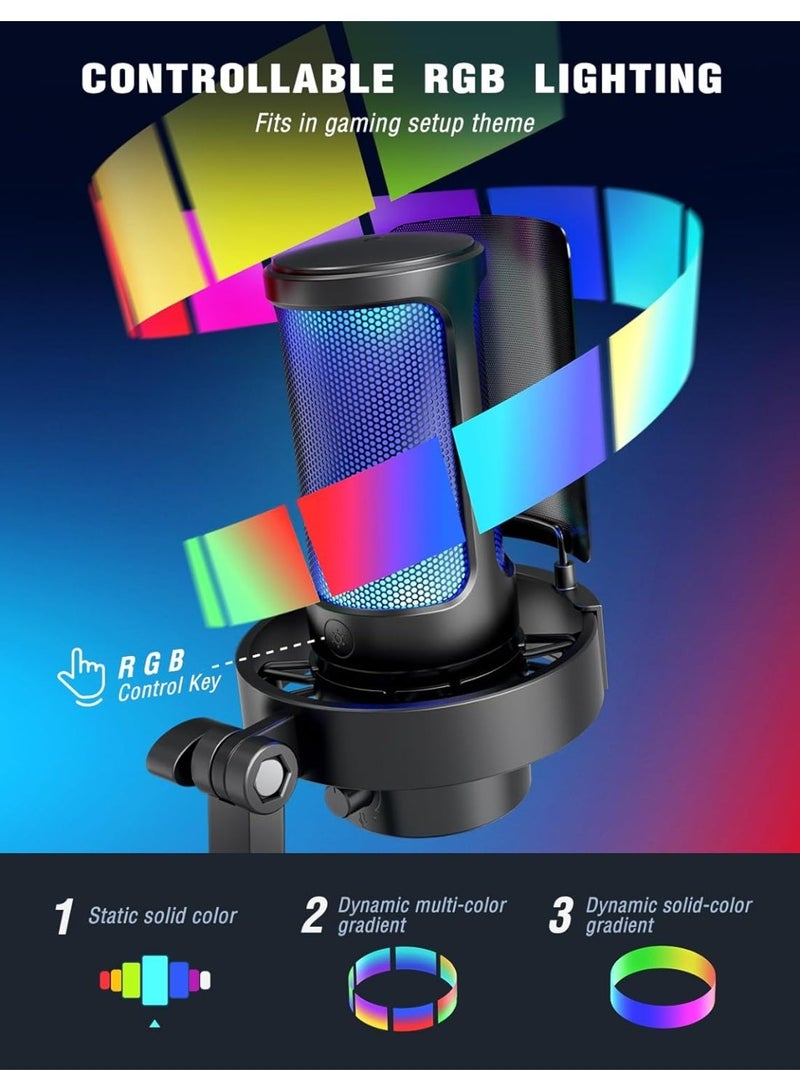 FIFINE USB Microphone, AmpliGame Gaming PC Desktop Capacitor, RGB Microphone, YouTube on Mac/Computer/PS4/PS5, Silent Button, Microphone Gain, Pop Filter, Shock Mount, Headphone Jack-A8 - Image 2
