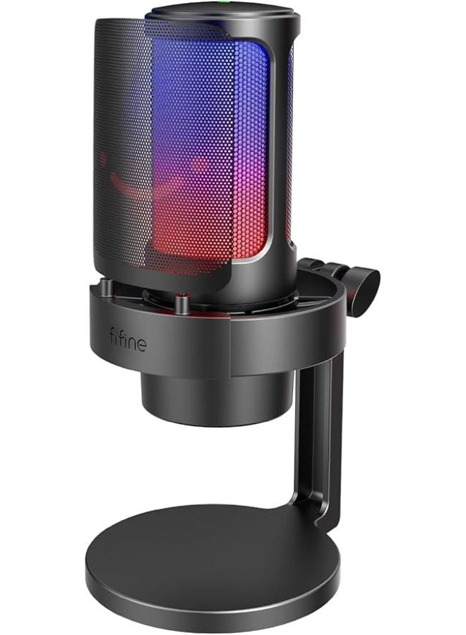 FIFINE USB Microphone, AmpliGame Gaming PC Desktop Capacitor, RGB Microphone, YouTube on Mac/Computer/PS4/PS5, Silent Button, Microphone Gain, Pop Filter, Shock Mount, Headphone Jack-A8 - Image 1
