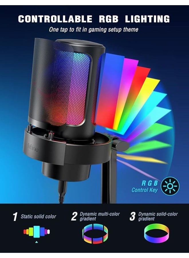 FIFINE USB Microphone, AmpliGame Gaming PC Desktop Capacitor, RGB Microphone, YouTube on Mac/Computer/PS4/PS5, Silent Button, Microphone Gain, Pop Filter, Shock Mount, Headphone Jack-A8 - Image 4