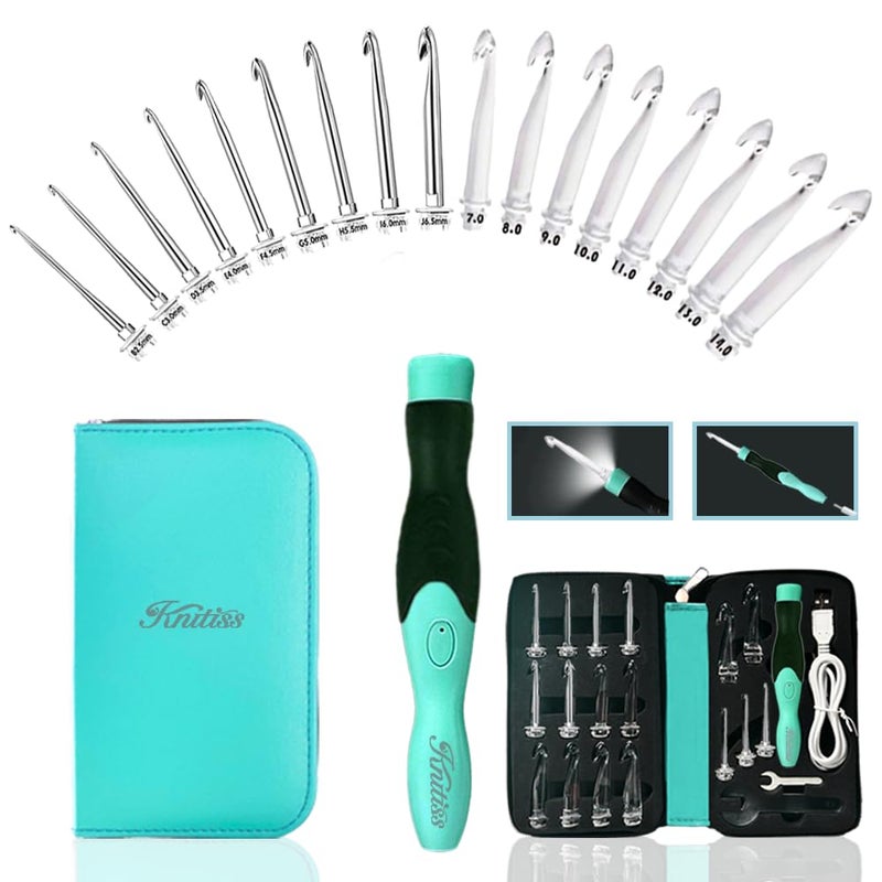 Knitiss 17 Sizes Lighted Crochet Hooks Set 25mm140mm Rechargeable Crochet Hook with Interchangeable Crochet Head