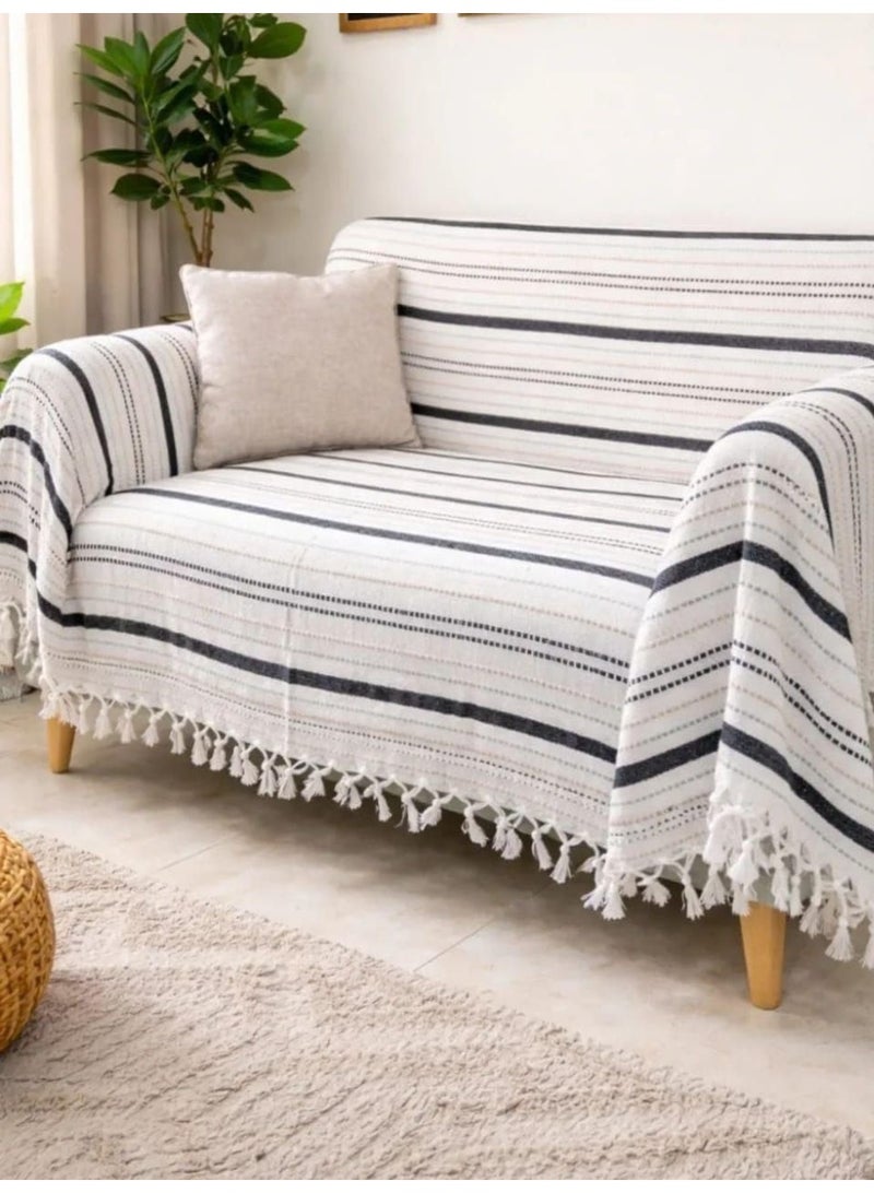 Generic Cotton Fringed Bedspread with Striped Pattern, Heavy Fabric Sofa Throw, (white with black),250x240 cm .sr - Image 2