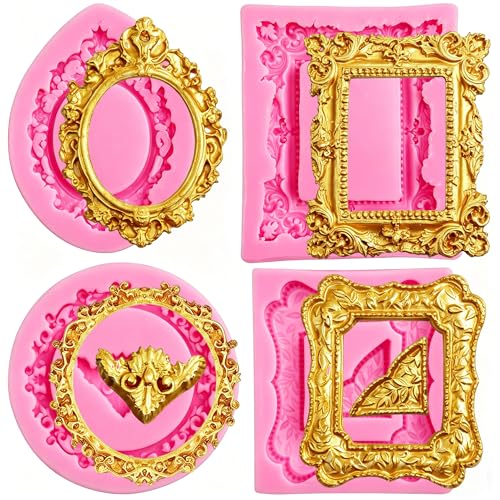 AIMEIKI Silicone Frame Mold, 4 Pcs Frame Chocolate Fondant Molds Vintage Baroque Photo Frame Molds for Chocolate Cake Decorating Cupcake Topper Candy Polymer Clay - Image 1
