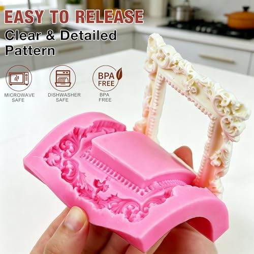 AIMEIKI Silicone Frame Mold, 4 Pcs Frame Chocolate Fondant Molds Vintage Baroque Photo Frame Molds for Chocolate Cake Decorating Cupcake Topper Candy Polymer Clay - Image 3