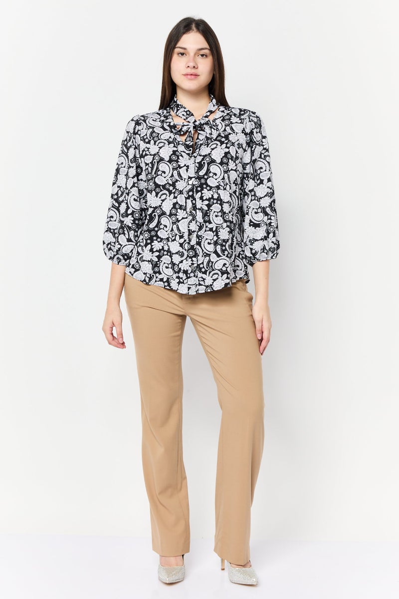 ADRIENNE VITTADINI Women Tie Neck Allover Printed Top, Black/White - Image 2