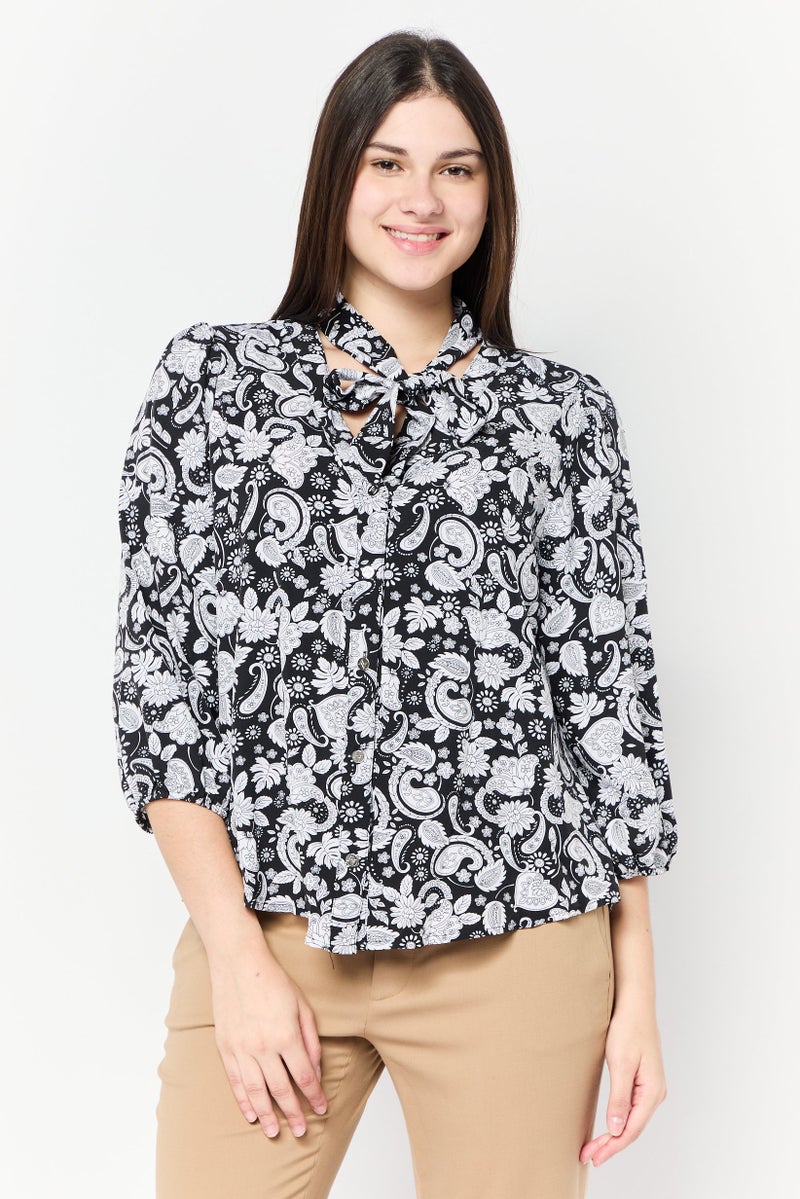 ADRIENNE VITTADINI Women Tie Neck Allover Printed Top, Black/White - Image 1