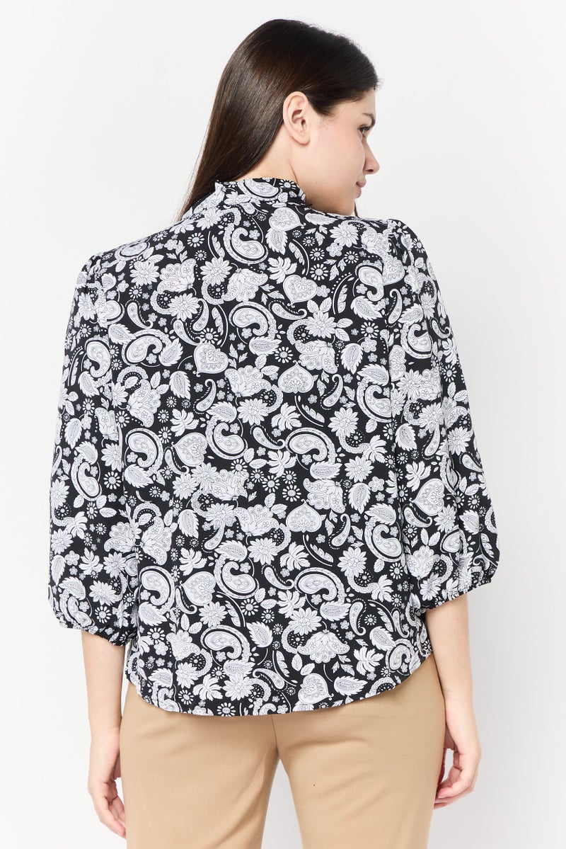 ADRIENNE VITTADINI Women Tie Neck Allover Printed Top, Black/White - Image 4