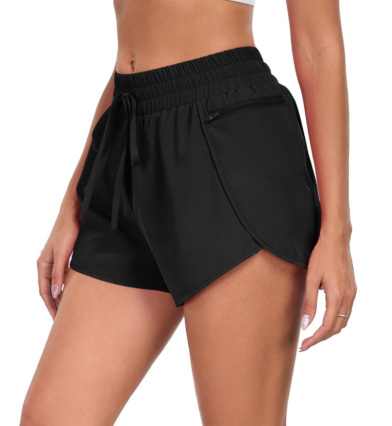 PrinStory Womens Athletic Shorts High Waisted Running Quick Dry Gym Workout Shorts with Zipper Pockets Black-L-FBA - Image 2