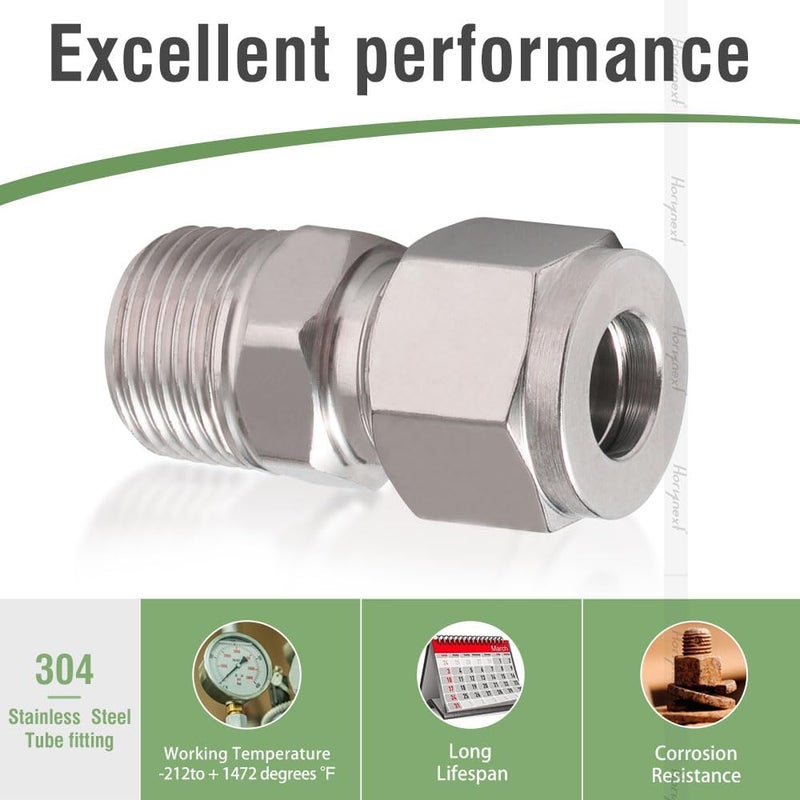 Horiznext Stainless Steel 304 Compression Fitting to connect 1/2 inch OD tube x 1/2 NPT Male thread Coupler, for brass copper stainless steel tubing (2 pcs) - Image 3